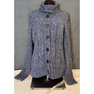 LL Bean Sz‎ S Blue Soft Wool Blend Button Cardigan Sweater Chunky Cable knit